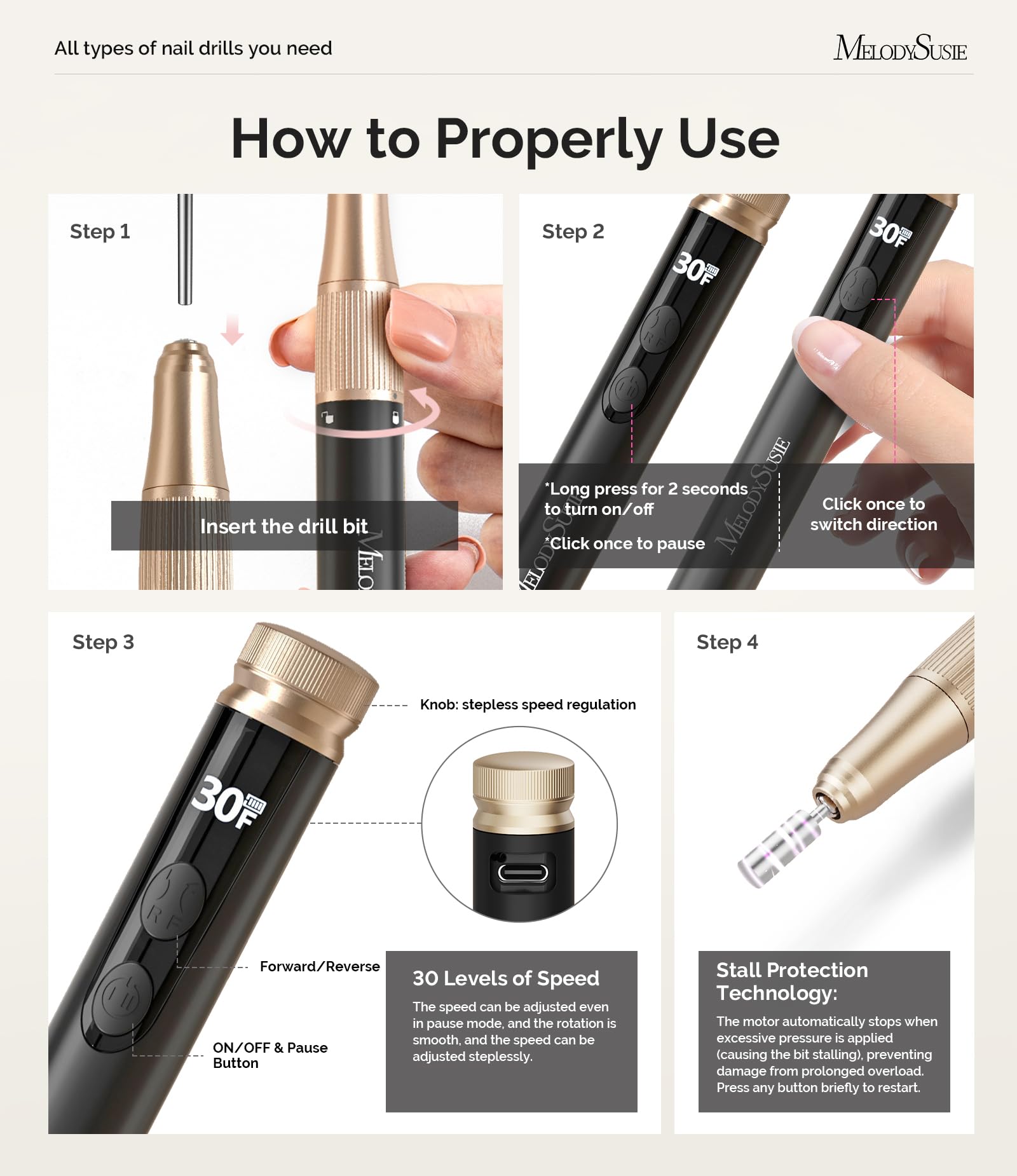 MelodySusie Pen-Shaped Cordless Nail Drill SM180F – 30000RPM, LED Display, Portable E-File for Home Manicure and Gel Removal