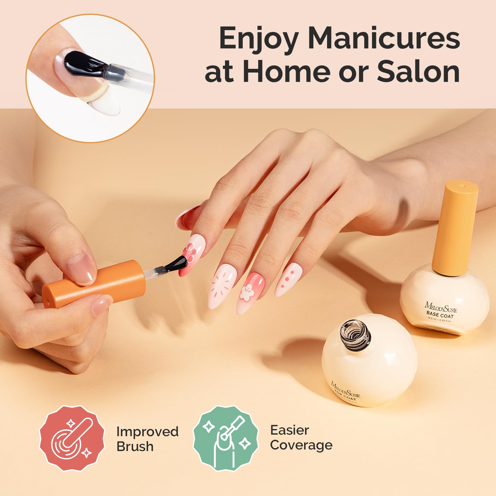 MelodySusie Plant-Based Gel Base & Glassy Top Coat Set — Tilt-and-Stand Bottle, 16.5ml, 2 Pcs, TPO/HEMA/HPMA Free