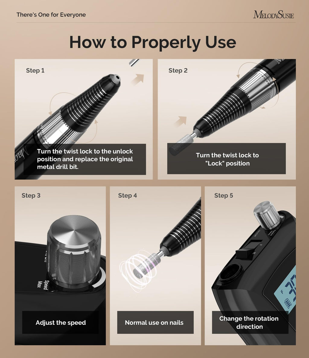 MelodySusie SC320D Nail Drill – 30000RPM Rechargeable Clip-On E-File for Manicure & Home Use