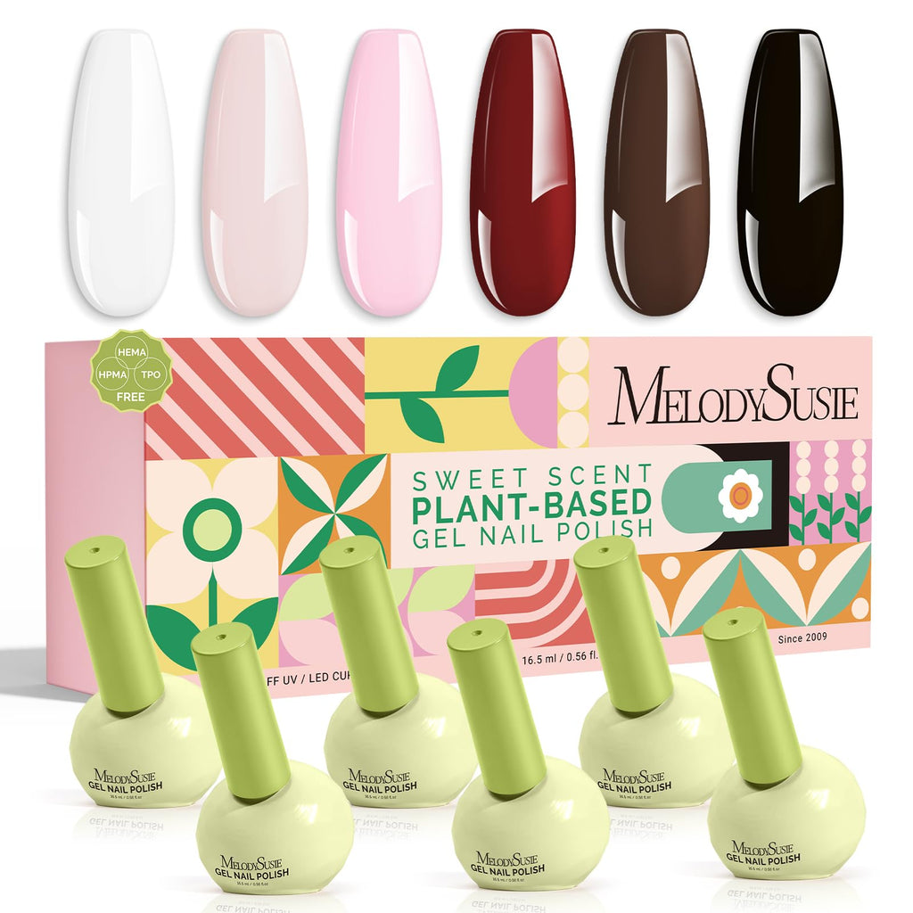 MelodySusie Highly Pigmented Gel Nail Polish Set – 6 Colors, Tilt Bottle, Plant-Based 3-Free Formula (HEMA Free)