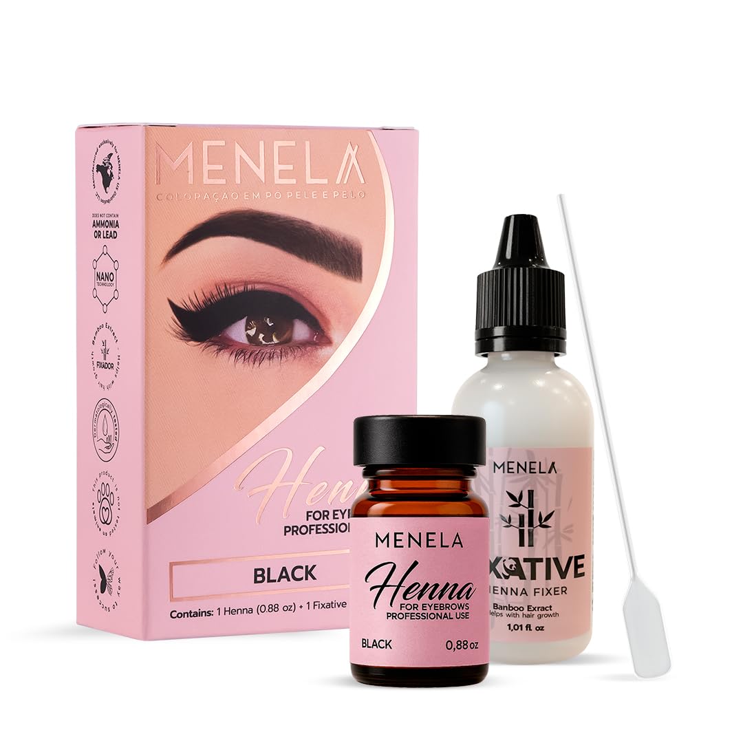 MENELA Eyebrow Henna Tint Kit – Natural Black Brow Color, Ammonia-Free, Bamboo Extract, 2.5g Henna + 15ml Fixer