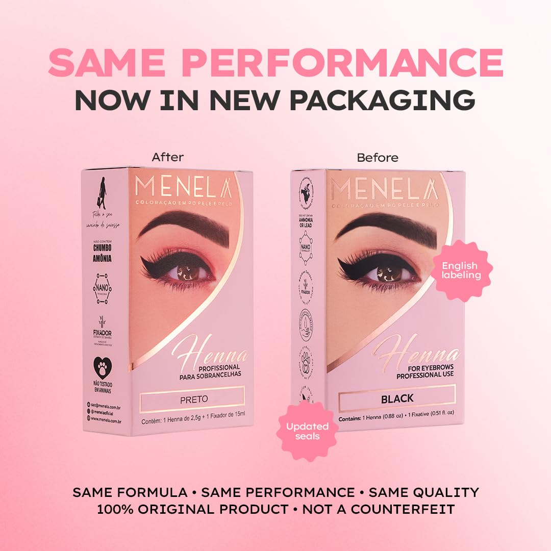 MENELA Eyebrow Henna Tint Kit – Natural Black Brow Color, Ammonia-Free, Bamboo Extract, 2.5g Henna + 15ml Fixer