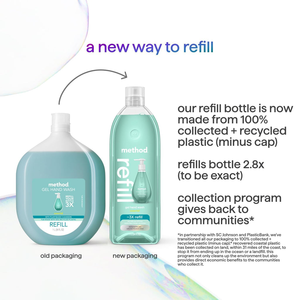 Method Gel Hand Soap Refill Waterfall – 34 oz x4, Recyclable Bottle, Plant-Based Formula