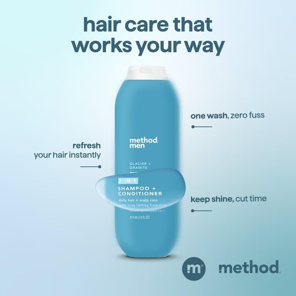 Method Men Glacier + Granite 2-in-1 Shampoo & Conditioner – Paraben-Free, Dye-Free, 14 oz (Pack of 6)