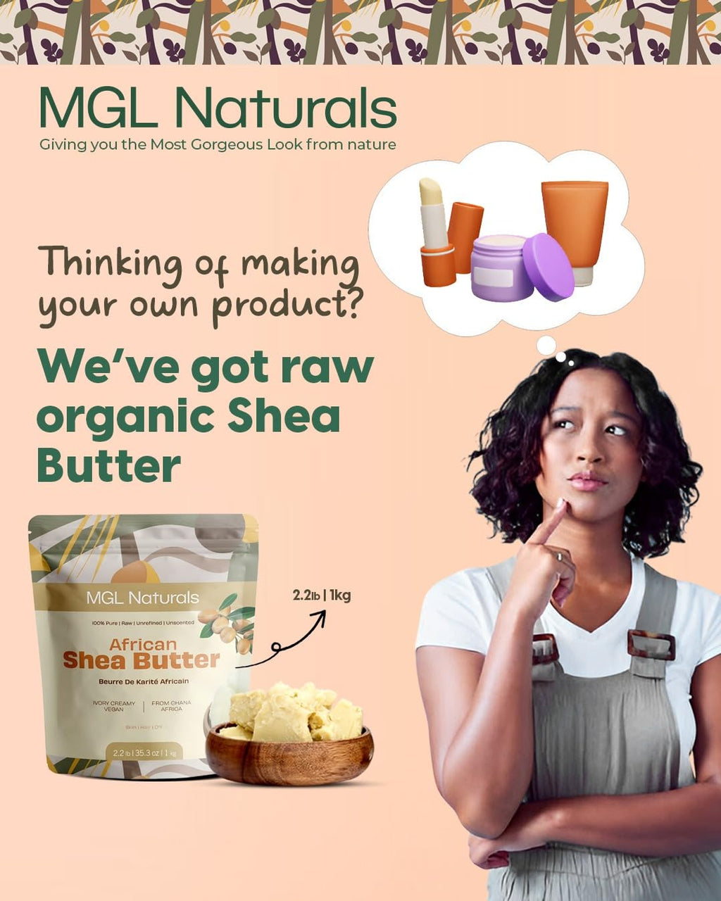 MGL Naturals Raw African Shea Butter Ivory 2.2 lb — Pure, Unrefined Moisturizer from Ghana
