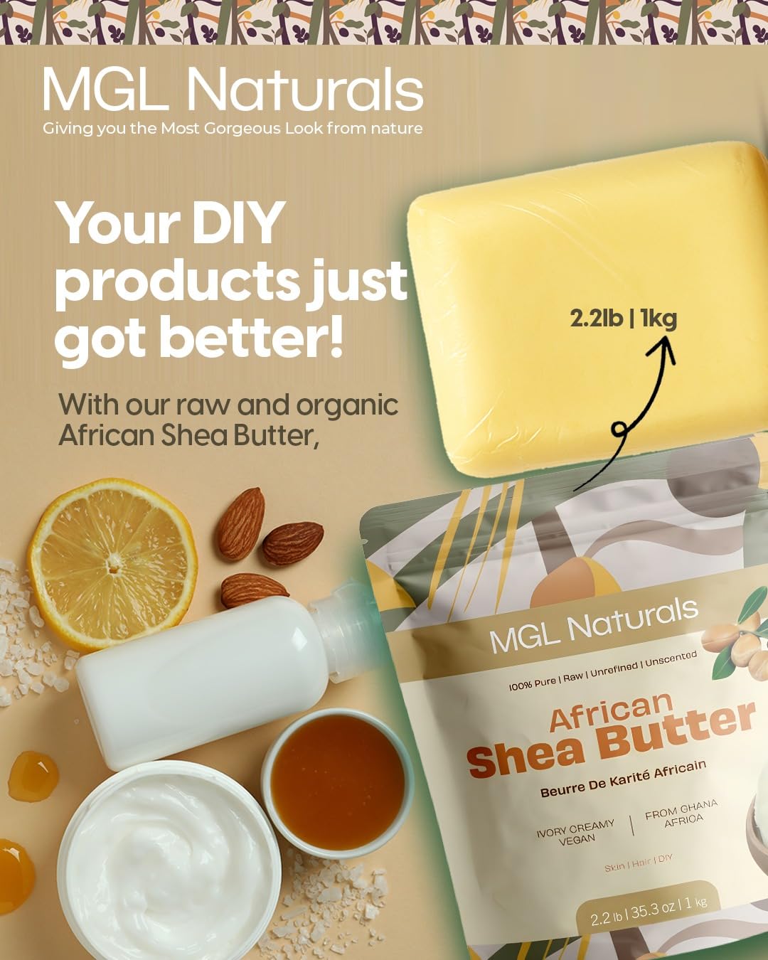 MGL Naturals Raw African Shea Butter Ivory 2.2 lb — Pure, Unrefined Moisturizer from Ghana
