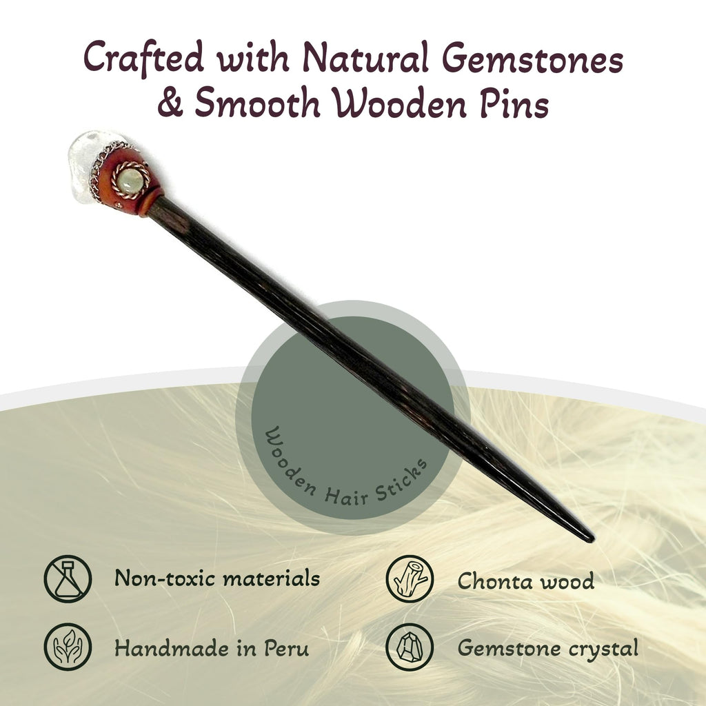 Mia Jewel Shop - Natural Tumbled Clear Quartz Gemstone Hair Sticks | Handmade Chonta Wood Hair Pins for Women, Boho Reiki Accessories