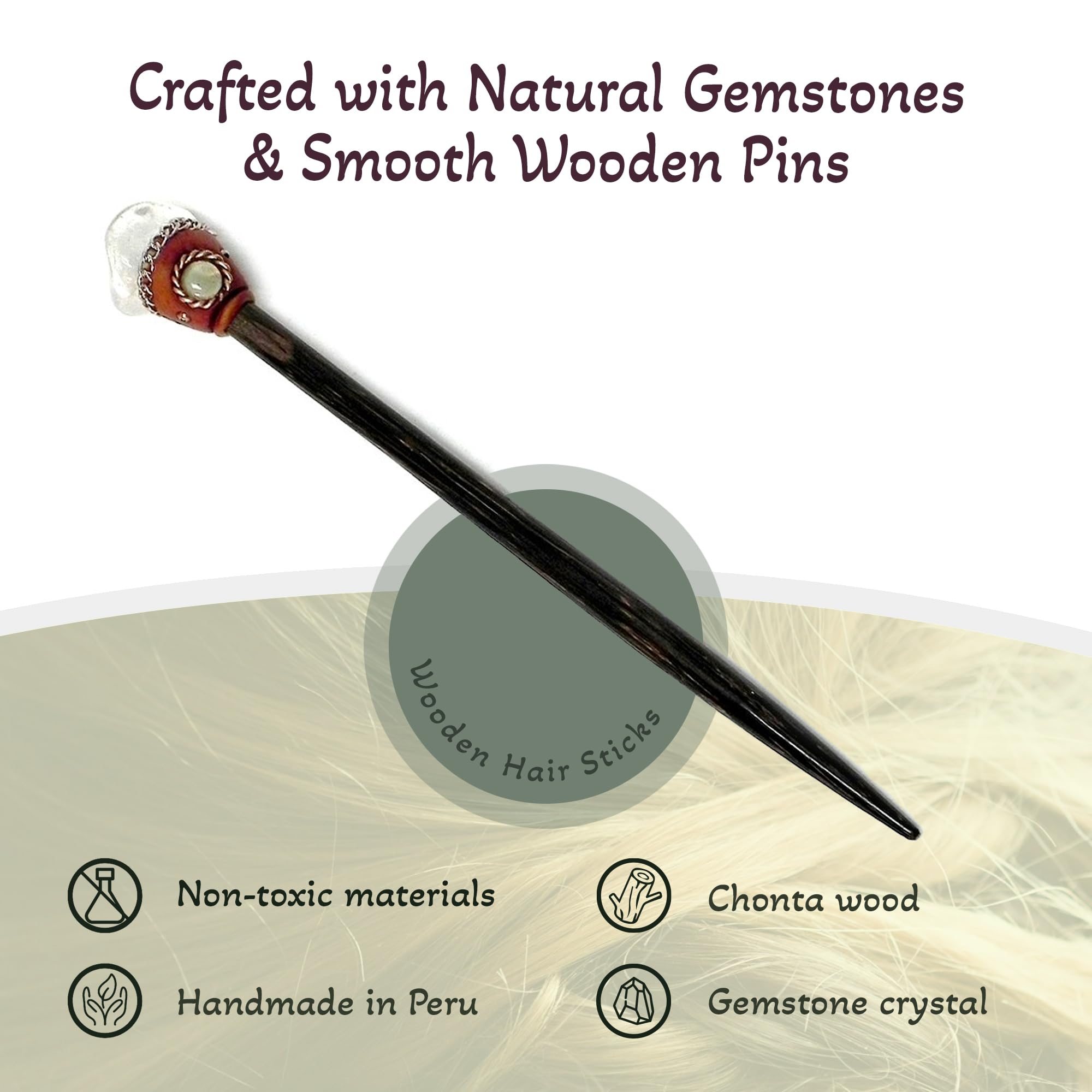 Mia Jewel Shop - Natural Tumbled Clear Quartz Gemstone Hair Sticks | Handmade Chonta Wood Hair Pins for Women, Boho Reiki Accessories