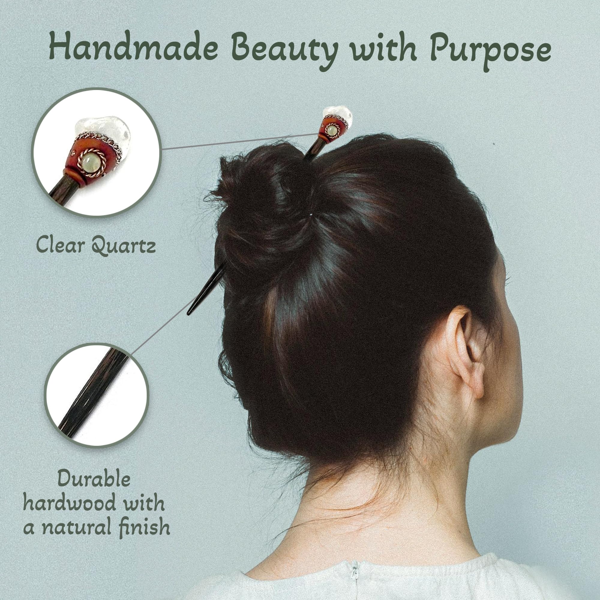 Mia Jewel Shop - Natural Tumbled Clear Quartz Gemstone Hair Sticks | Handmade Chonta Wood Hair Pins for Women, Boho Reiki Accessories