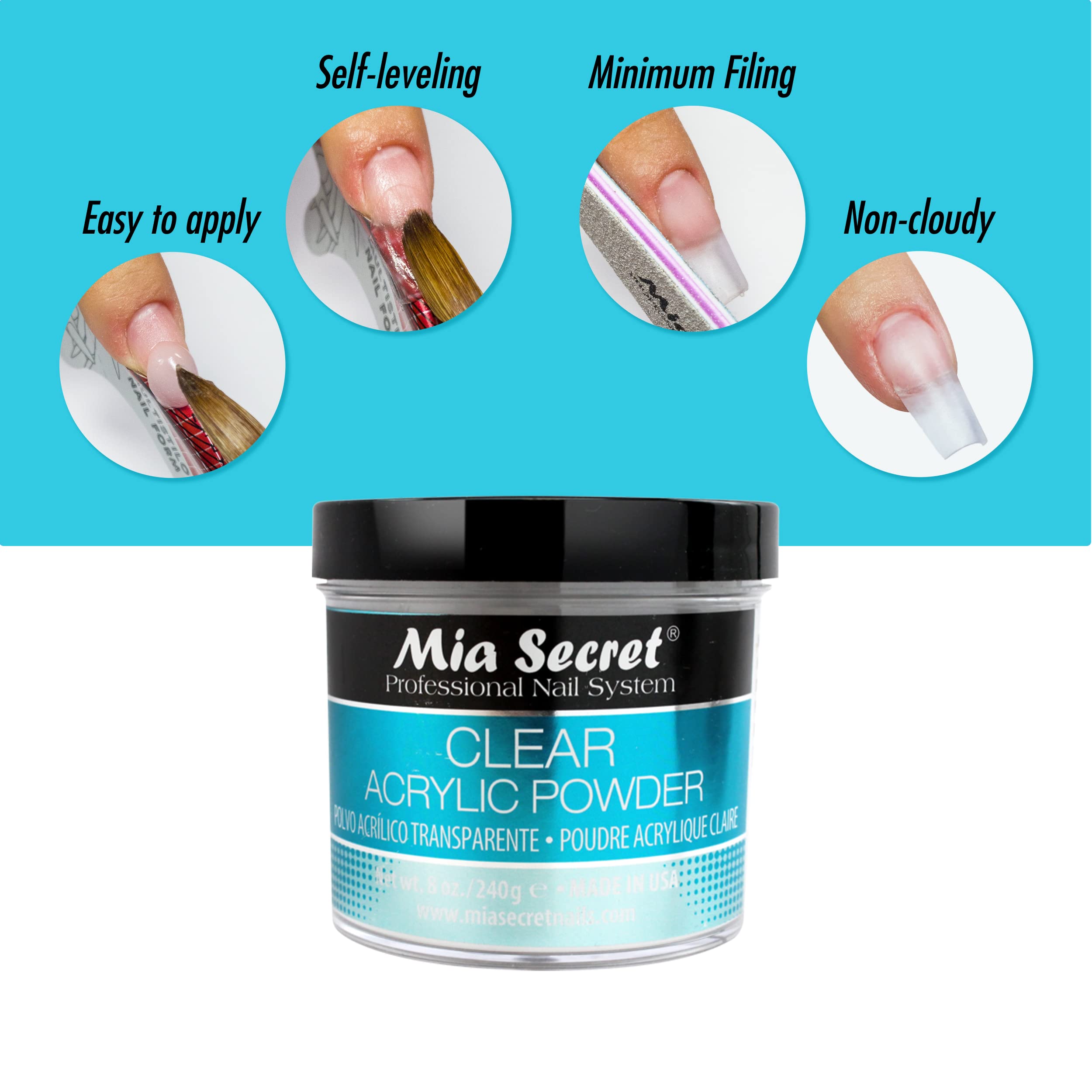 Mia Secret Clear Acrylic Powder (8oz) – True Clear, Self-Leveling, Easy Removal
