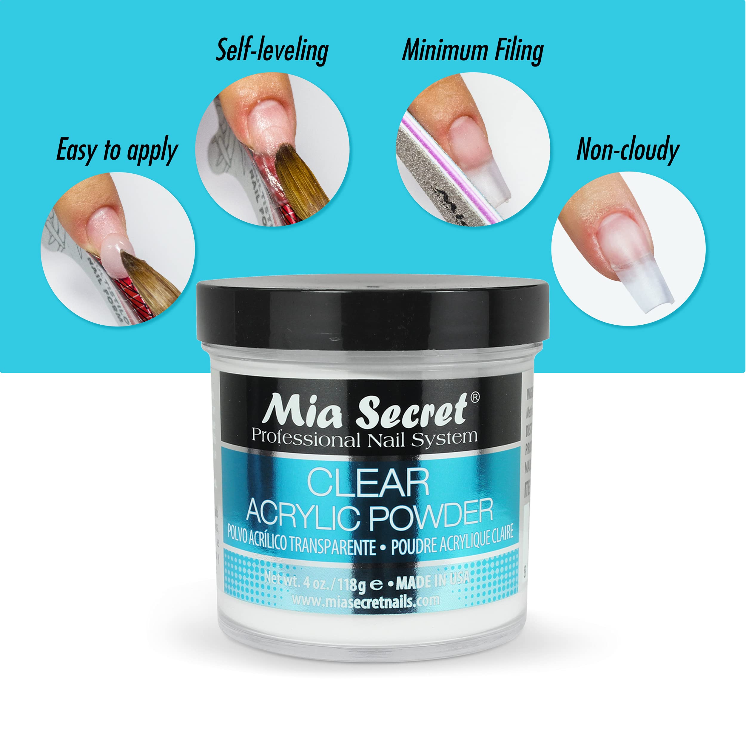 Mia Secret Clear Acrylic Powder 4oz – Self-Leveling, Non-Yellowing Formula for Superior Adhesion