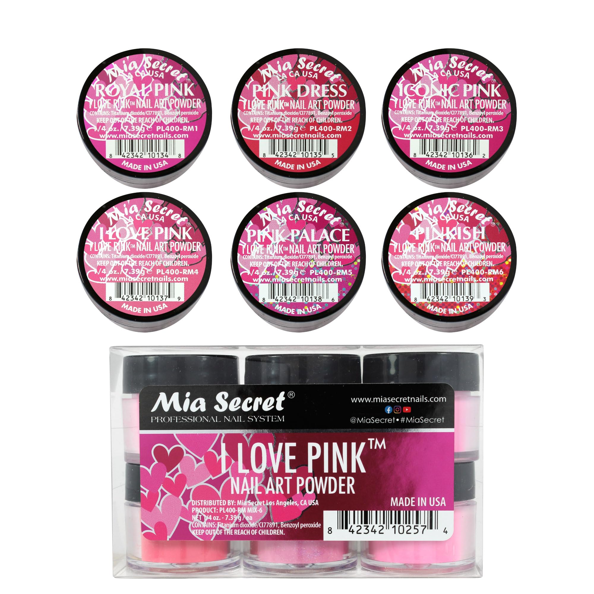 Mia Secret I Love Pink 6-Piece Colored Acrylic Nail Powder Collection | 6PC