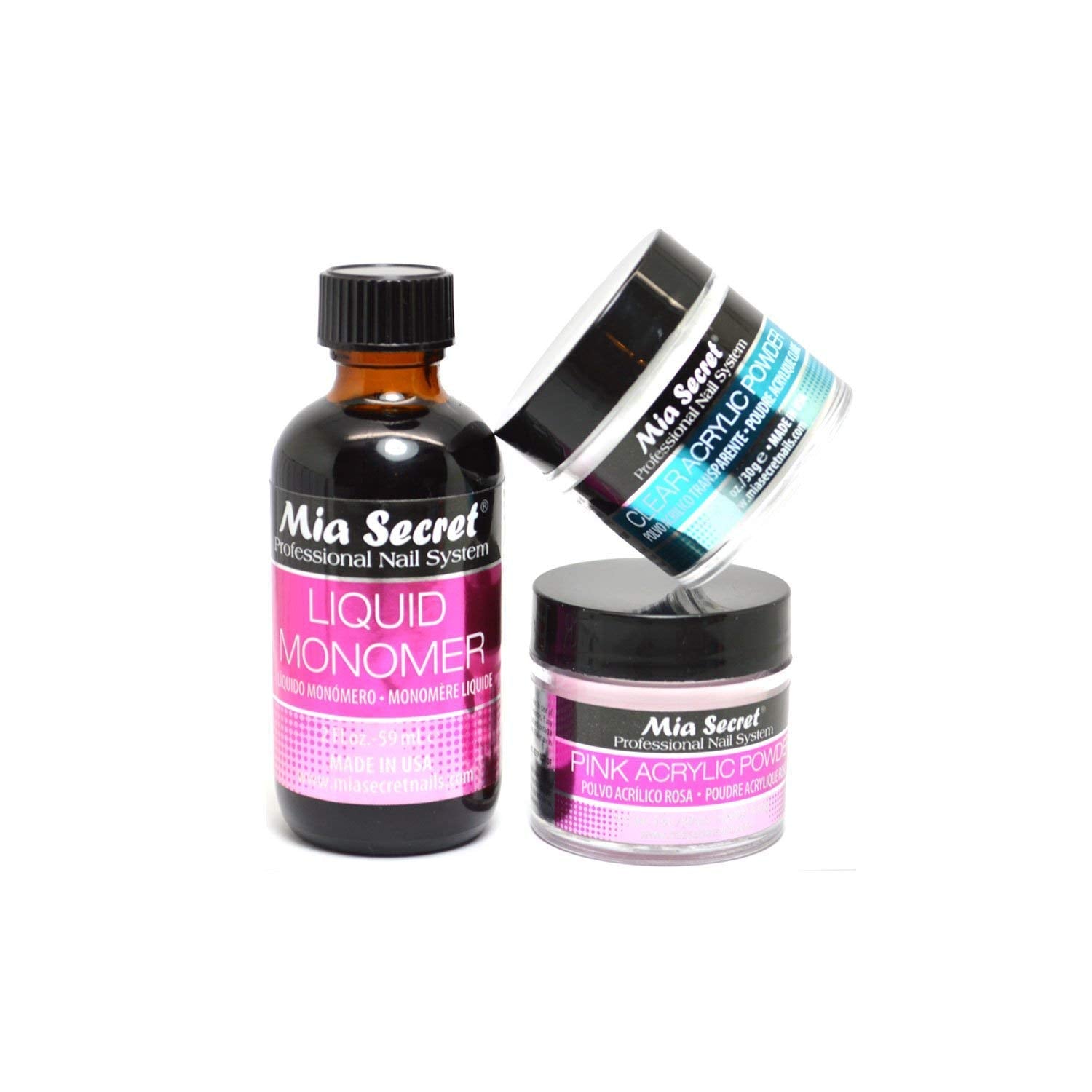 Mia Secret 2oz Liquid Monomer + 1oz Clear + 1oz Pink Acrylic Powder – Nail Art Set by Mia