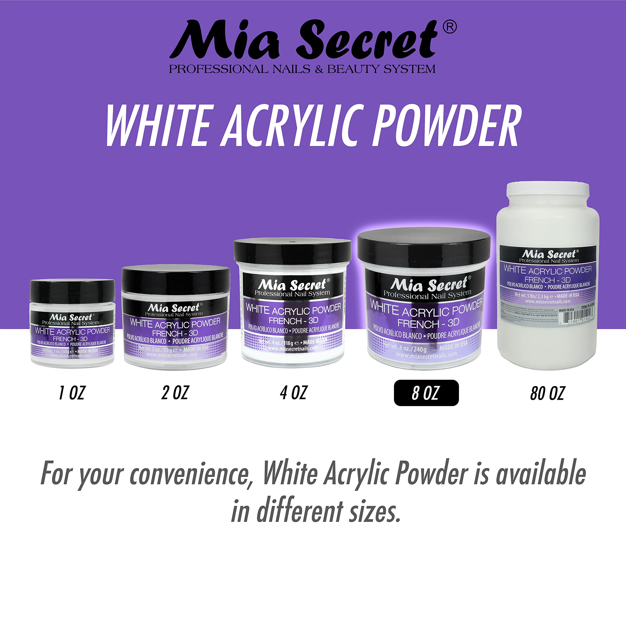 Mia Secret White Acrylic Powder (8oz) – 3D Nail Art & French Manicure