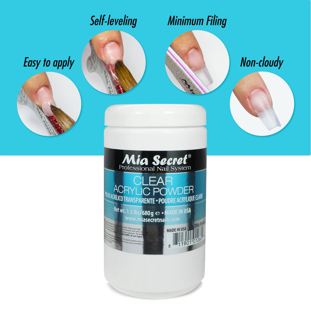 Mia Secret Clear Acrylic Powder – 24oz, Self-Leveling & Easy to Use (USA Made)