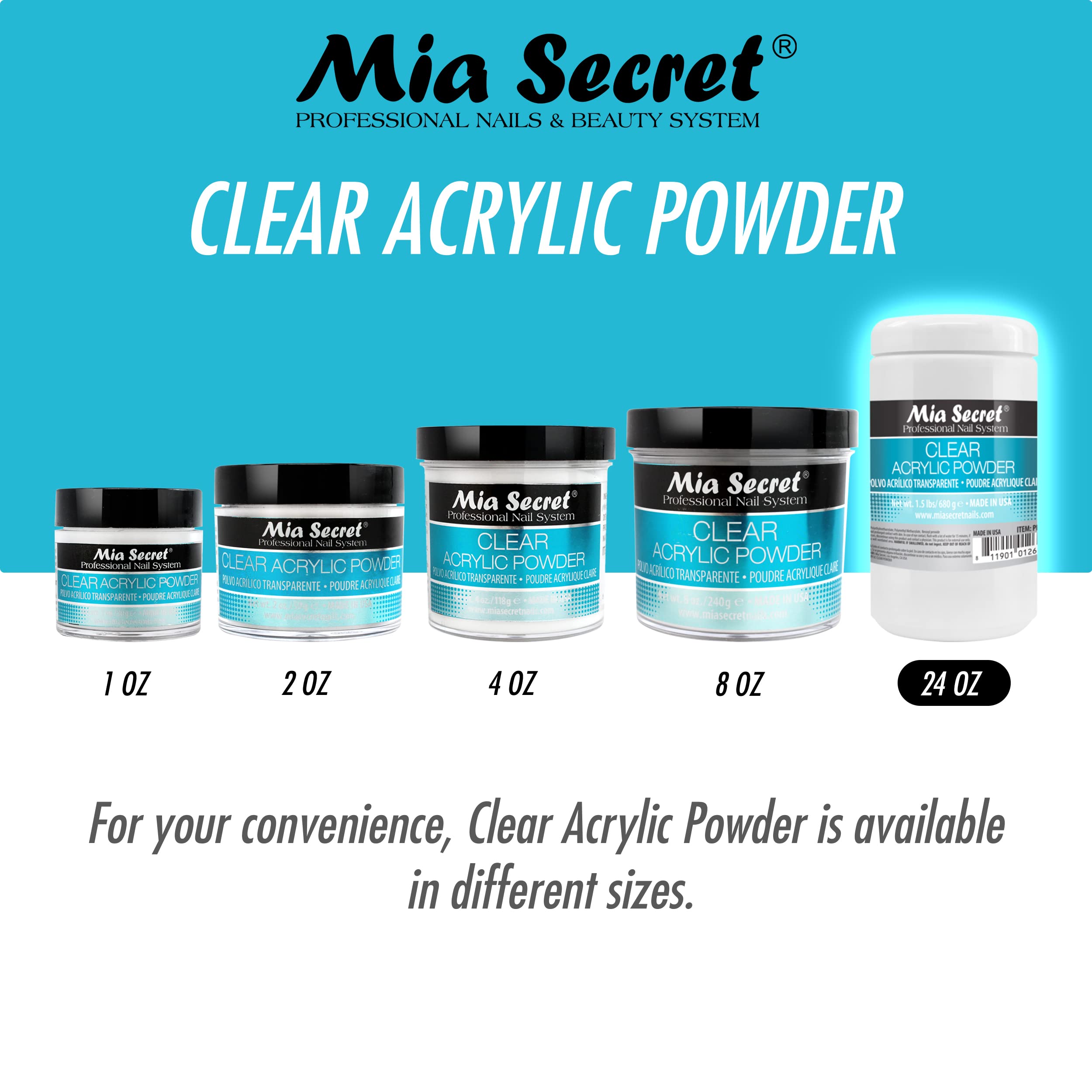Mia Secret Clear Acrylic Powder – 24oz, Self-Leveling & Easy to Use (USA Made)
