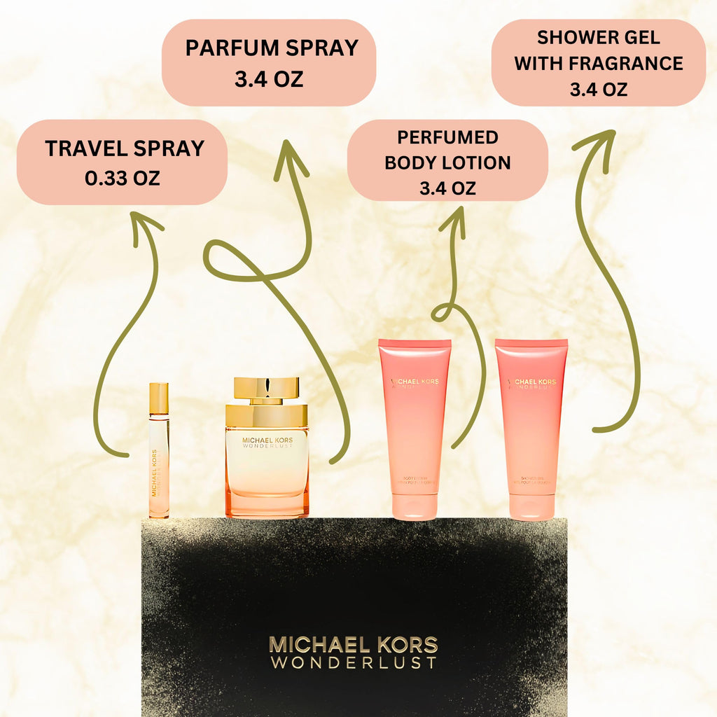 Michael Kors Wonderlust 4-Piece Gift Set for Women – 3.4 oz EDP, Body Lotion, Shower Gel, Mini EDP