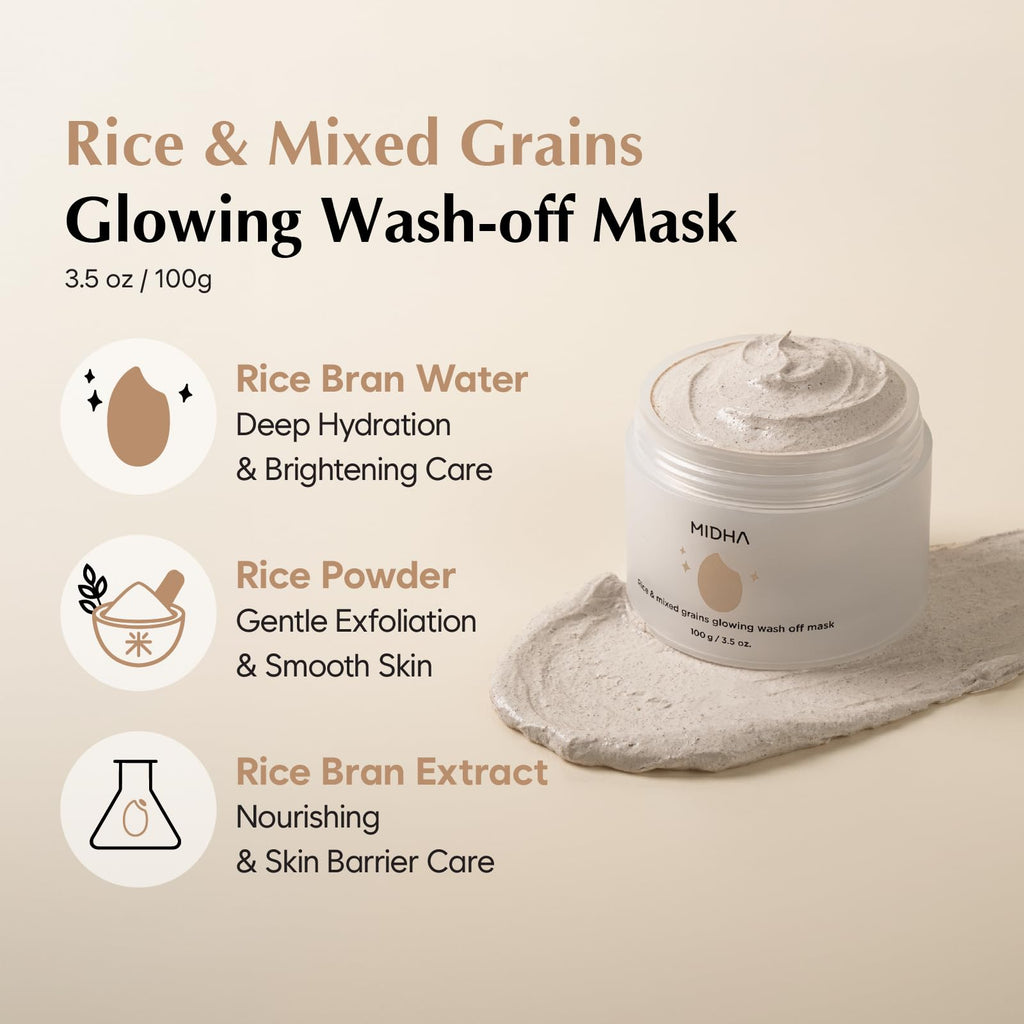 MIDHA Rice & Mixed Grains Glow Wash-off Mask – Gentle Exfoliation & Radiance (3.5oz/100g)