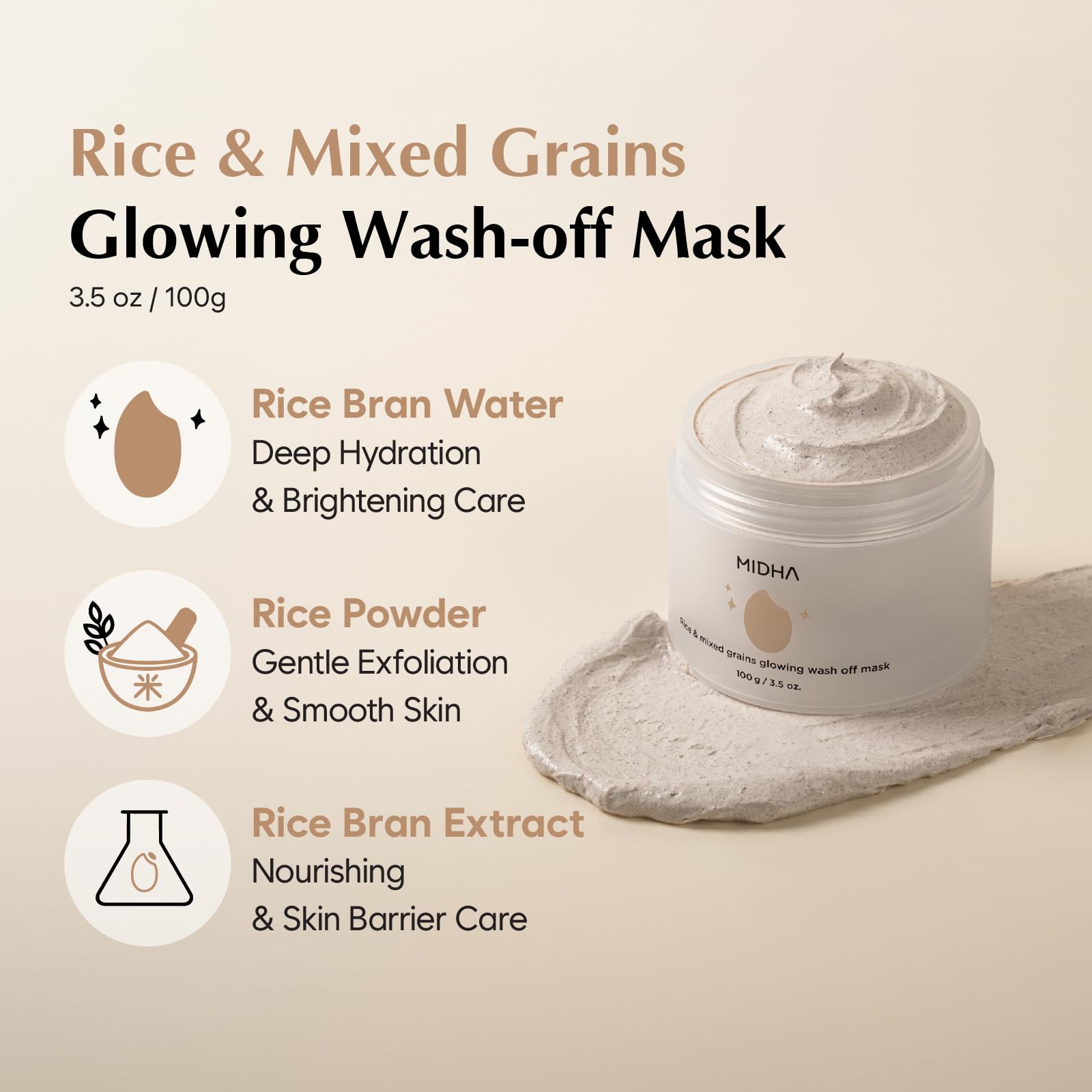 MIDHA Rice & Mixed Grains Glow Wash-off Mask – Gentle Exfoliation & Radiance (3.5oz/100g)