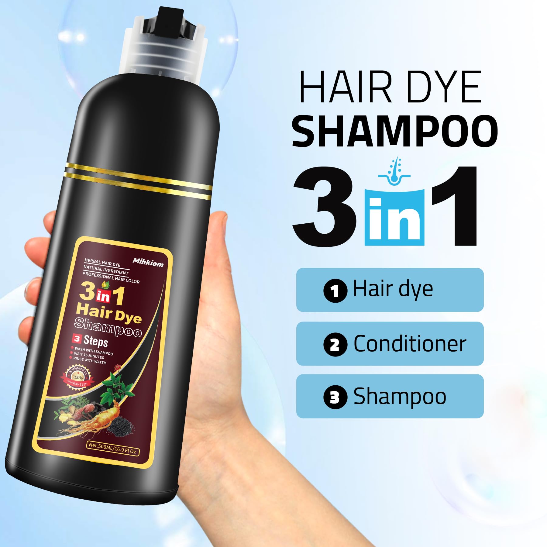 Mihkiom Hair Dye Shampoo 3 in 1 – Chestnut Brown Refresh in 20 Minutes | Natural Plant Formula