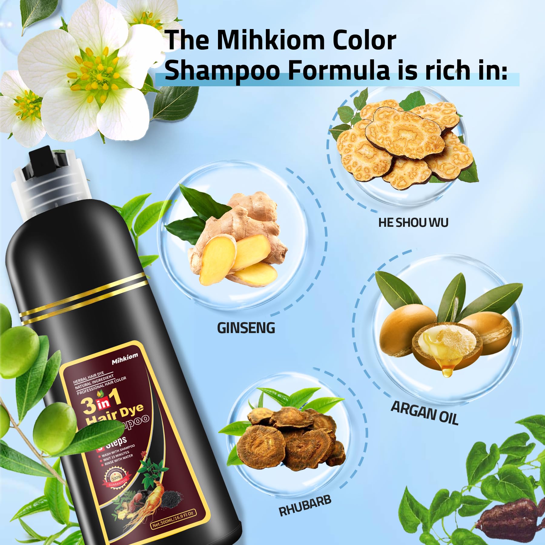 Mihkiom Hair Dye Shampoo 3 in 1 – Chestnut Brown Refresh in 20 Minutes | Natural Plant Formula