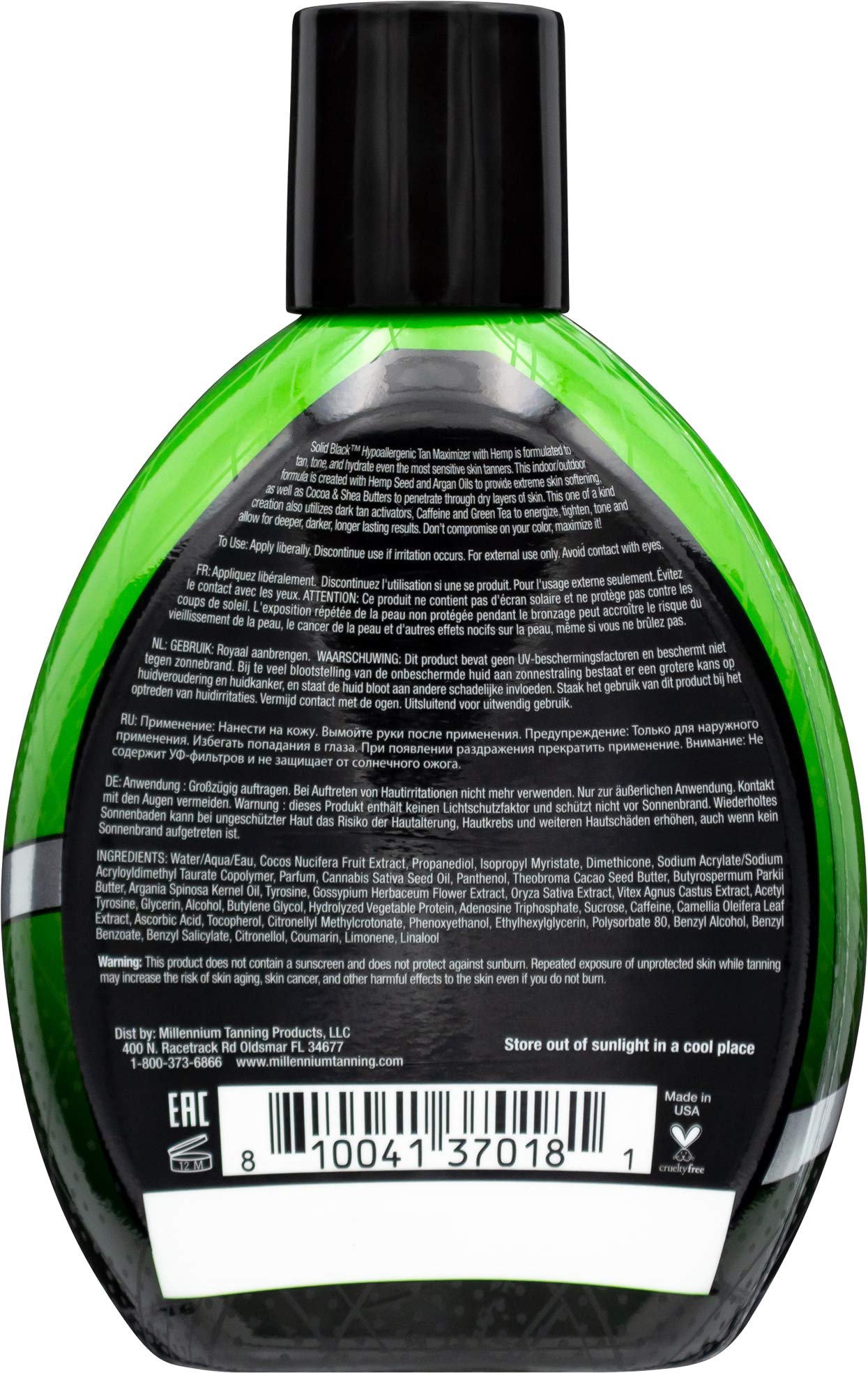 Millennium Tanning Solid Black Hypoallergenic Tan Maximizer with Hemp – Indoor/Outdoor Dark Lotion 13 oz