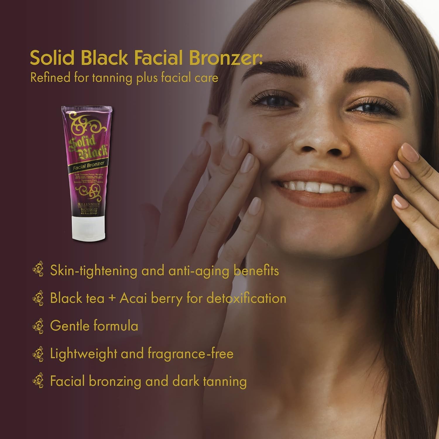 Millennium Tanning Solid Black Facial Bronzer – Skin-Firming Face Tanning Lotion | 4 oz