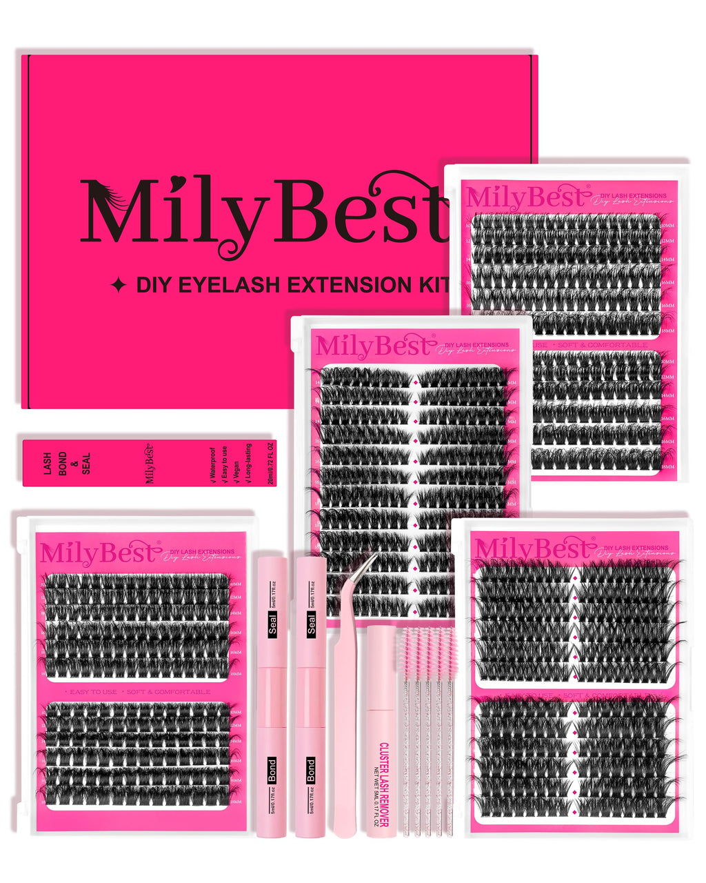 MilyBest 4 Styles Lash Clusters Kit – 864 Pcs Eyelash Extensions, D Curl DIY Lash Kit