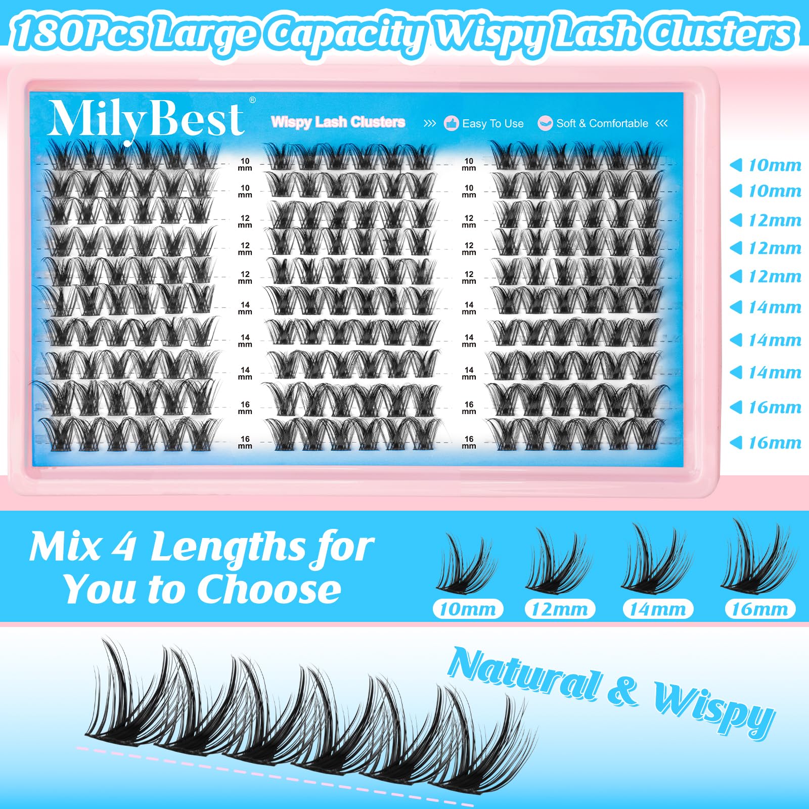 MilyBest Lash Clusters Kit – Wispy DIY Lash Extensions, 180pcs CC Curl, 10-16mm