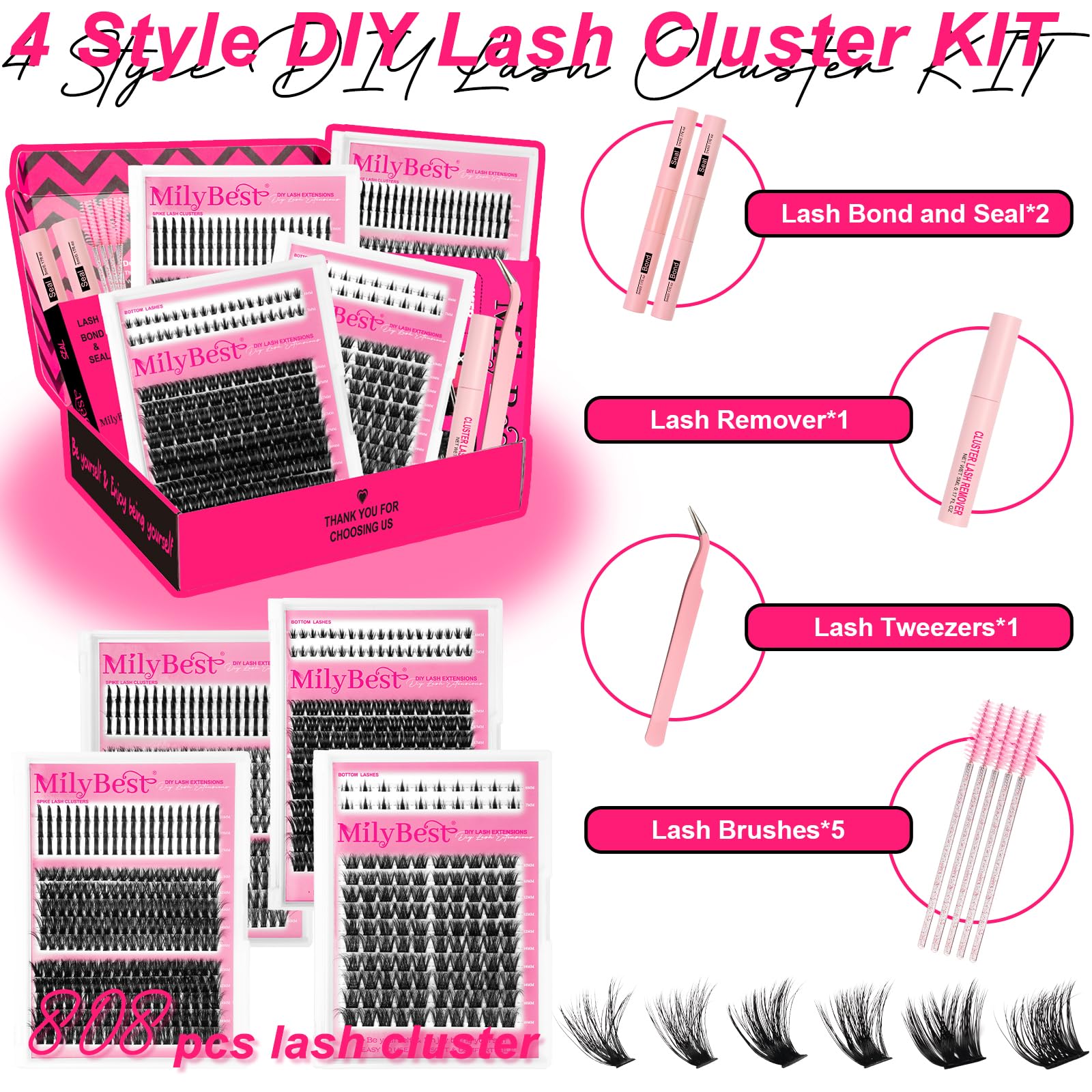 MilyBest Lash Clusters Kit 864pcs – D-Curl Lashes, 4 Styles, DIY Extensions