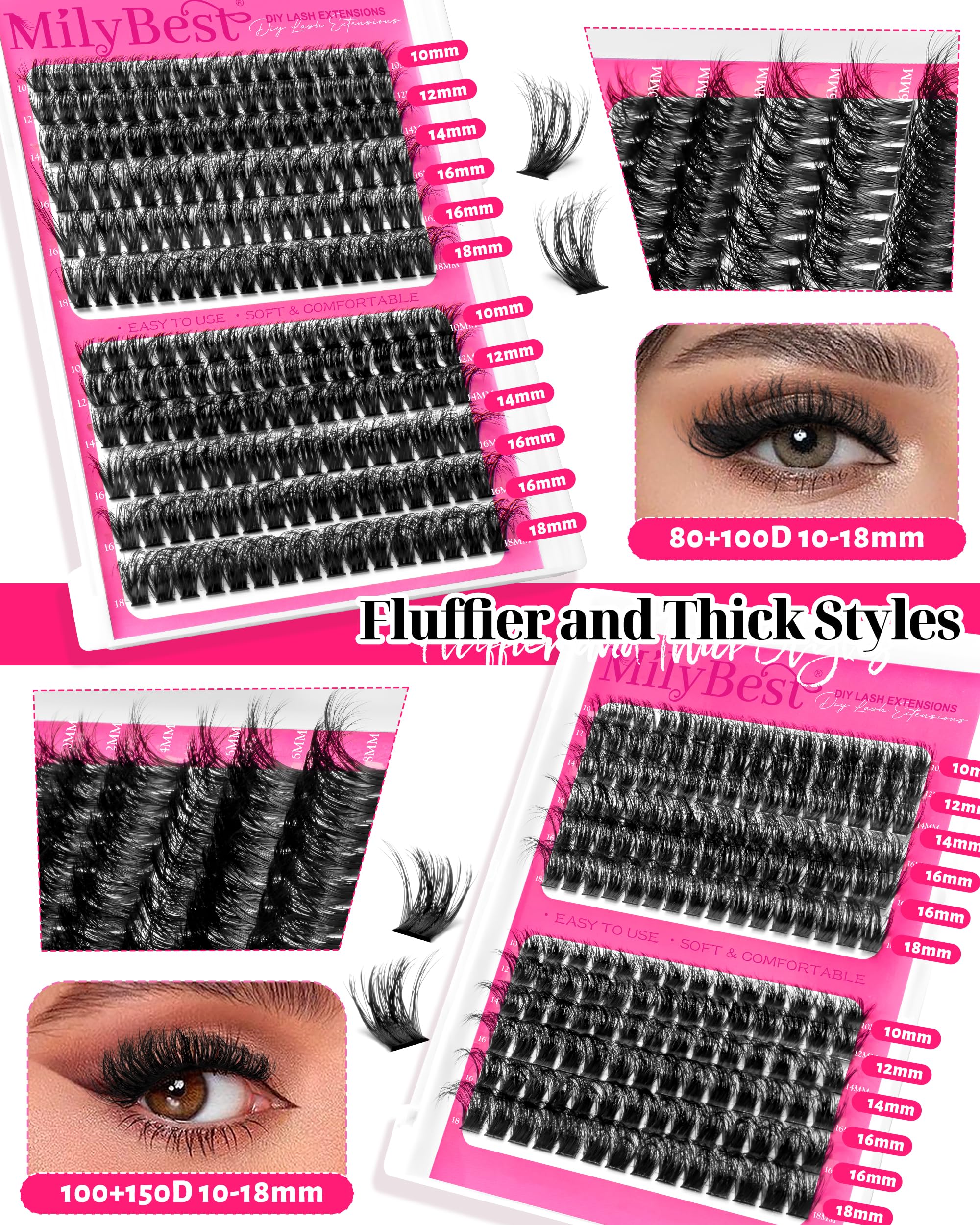 MilyBest 4 Styles Lash Clusters Kit – 864 Pcs Eyelash Extensions, D Curl DIY Lash Kit