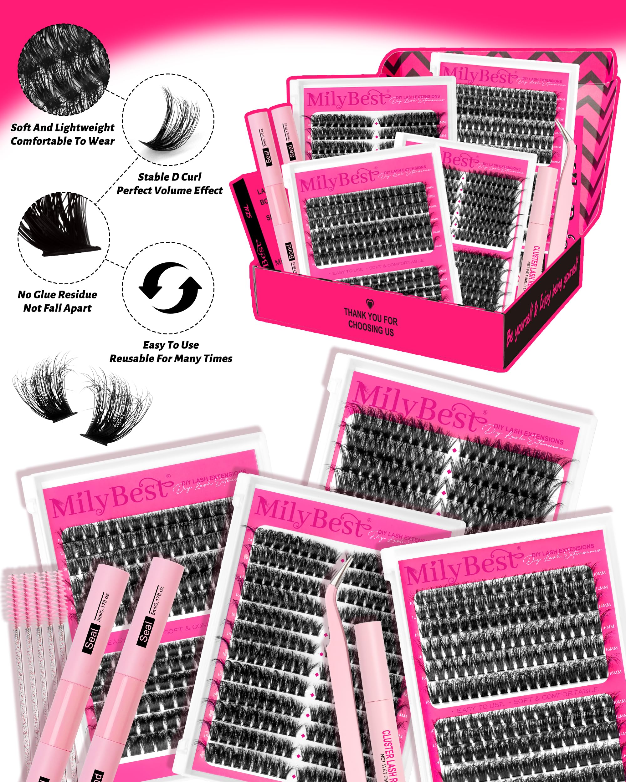 MilyBest 4 Styles Lash Clusters Kit – 864 Pcs Eyelash Extensions, D Curl DIY Lash Kit