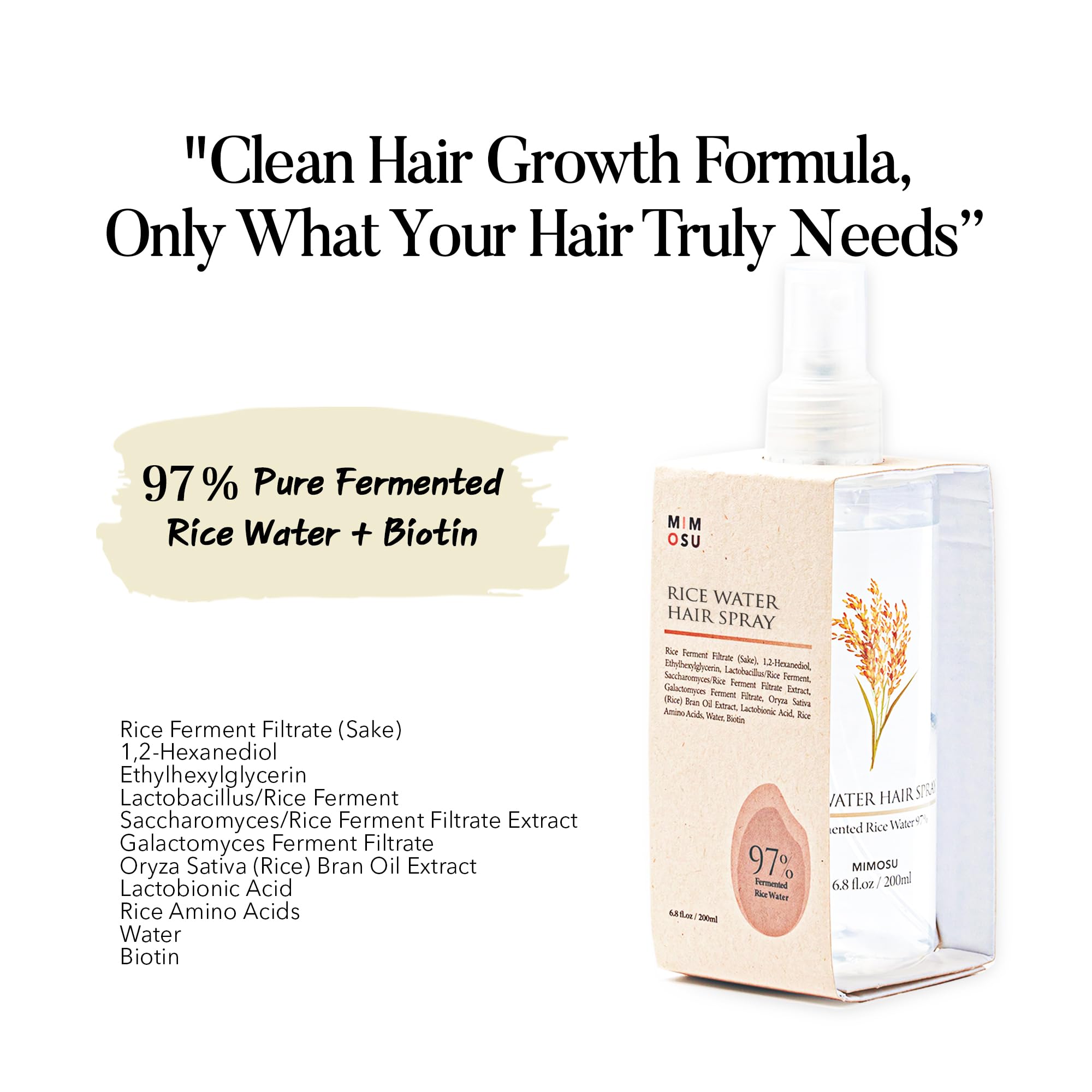 mimosu 97% Rice Water Hair Growth Spray – Fermented Rice Water, Biotin Serum & PHA Toner