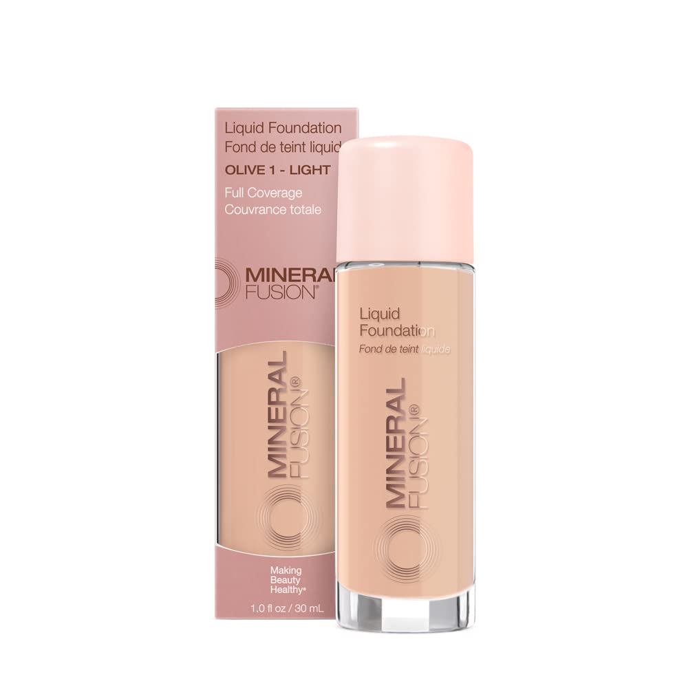 Mineral Fusion Full Coverage Liquid Foundation Olive 1 – Lightweight Matte, 12-Hour Hydration, Vegan & Hypoallergenic