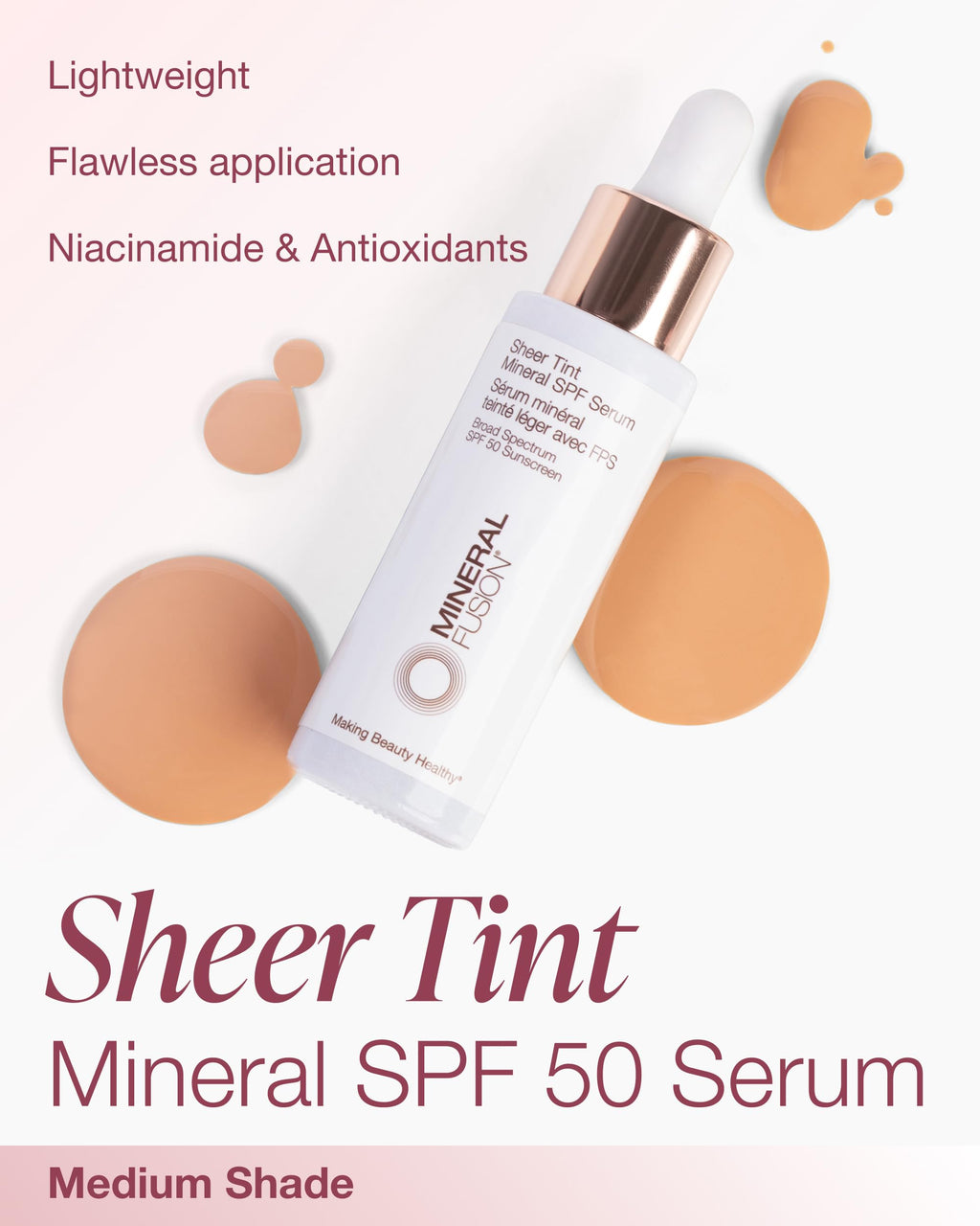 Mineral Fusion Sheer Tint SPF Face Serum (Medium) – SPF 50 Mineral Sunscreen, Sheer Coverage & Dewy Glow