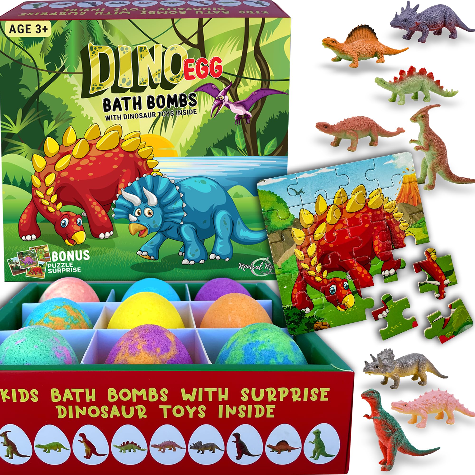 Mineral Me California Kids Bath Bombs with Dino Toy Inside – 9 Organic Dino Egg Set