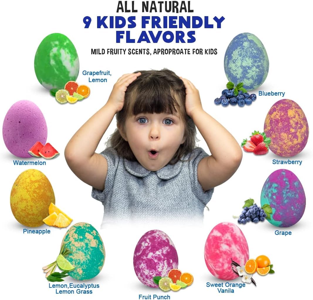 Mineral Me California Kids Bath Bombs with Surprise Toys – Organic Dino Eggs (9-Pack)