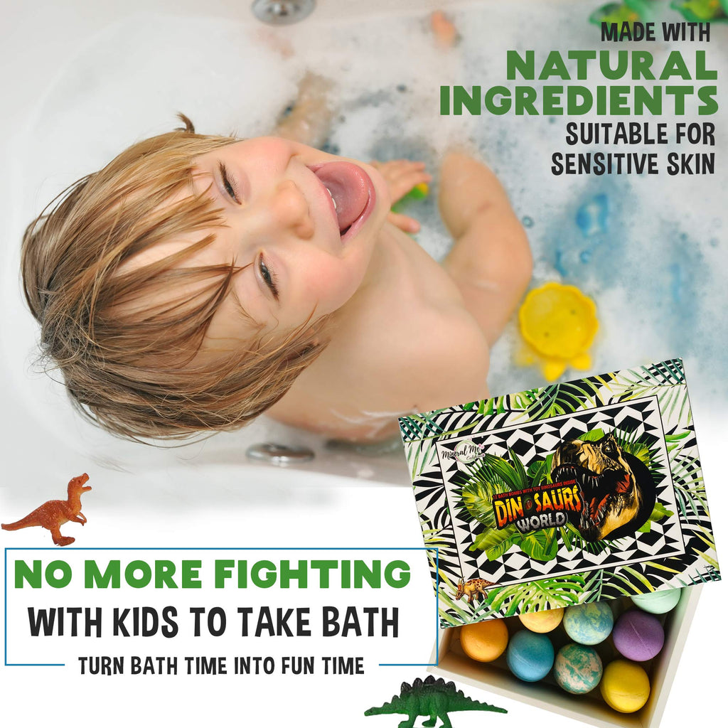 Mineral Me California | 12 Dinosaur Bath Bombs with Toys – Organic Kids Bubble Bath Fizzies