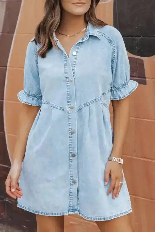 Mineral Wash Ruffled Denim Mini Dress Women UK | Grey & Blue