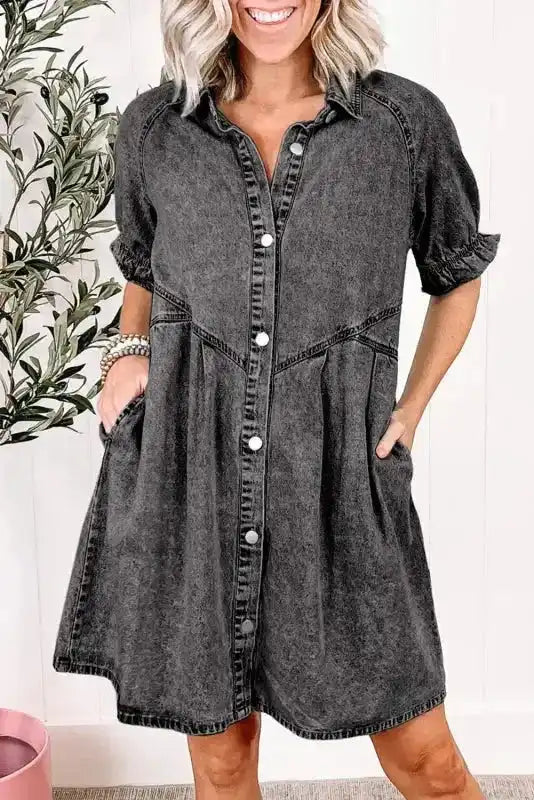Mineral Wash Ruffled Denim Mini Dress Women UK | Grey & Blue