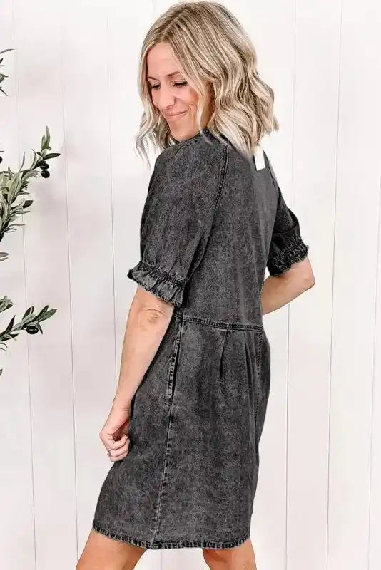 Mineral Wash Ruffled Denim Mini Dress Women UK | Grey & Blue