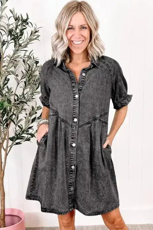 Mineral Wash Ruffled Denim Mini Dress Women UK | Grey & Blue