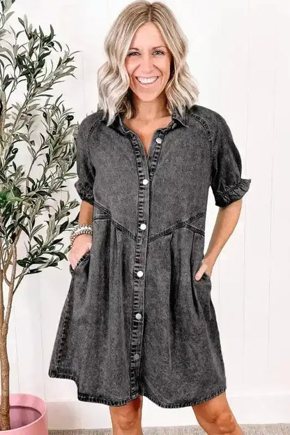 Mineral Wash Ruffled Denim Mini Dress Women UK | Grey & Blue