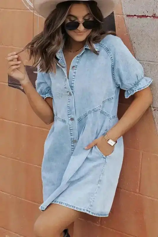 Mineral Wash Ruffled Denim Mini Dress Women UK | Grey & Blue