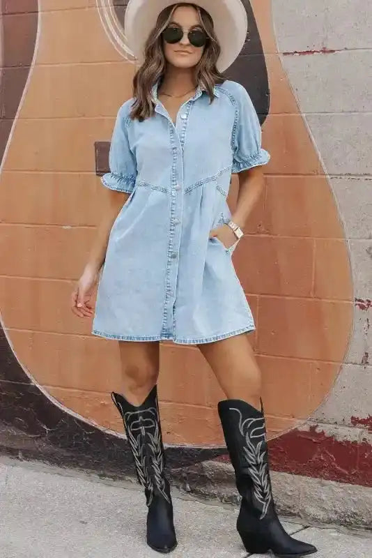 Mineral Wash Ruffled Denim Mini Dress Women UK | Grey & Blue