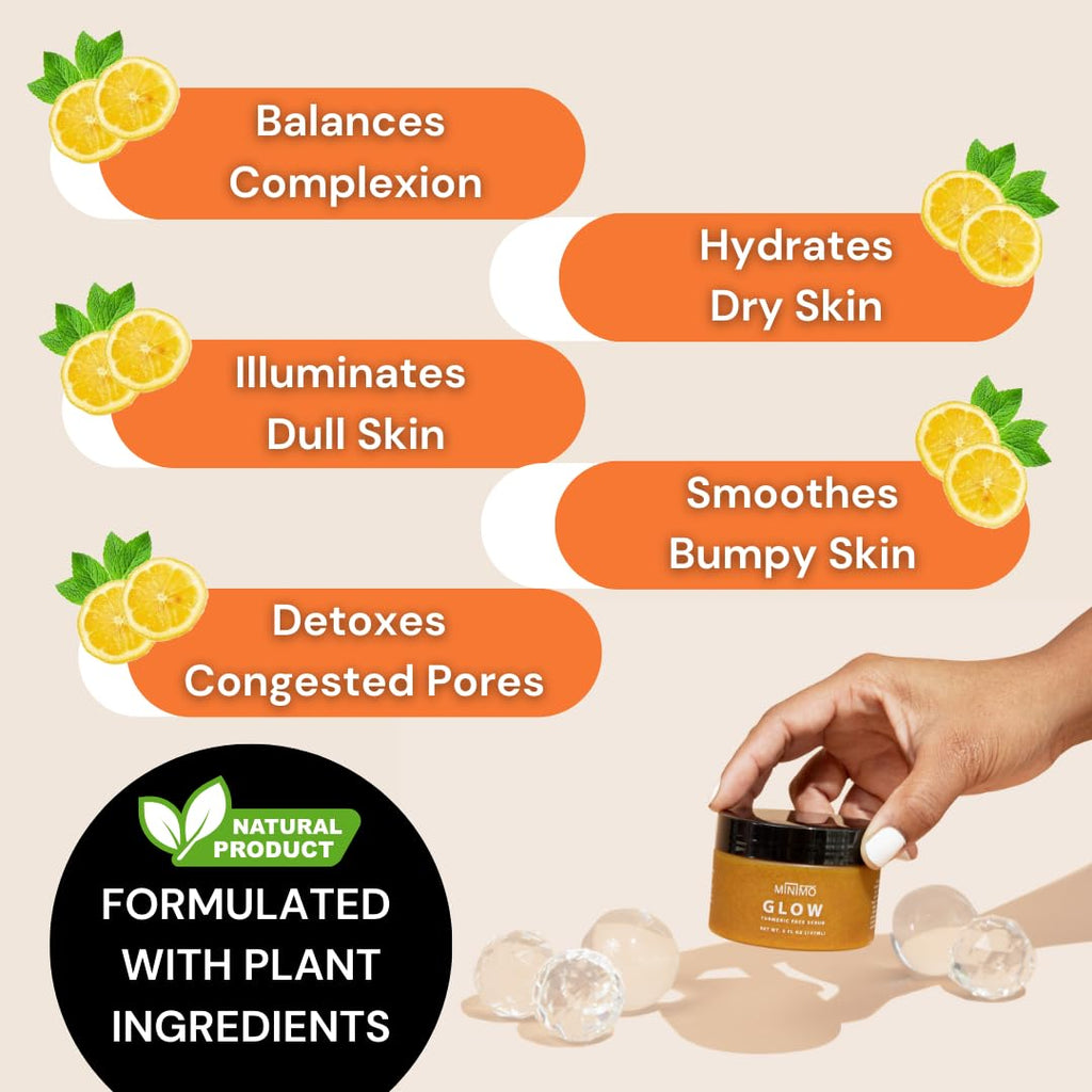 Minimo Glow Turmeric Face Scrub Unscented with Heart Applicator – All Skin Types – 5 fl oz