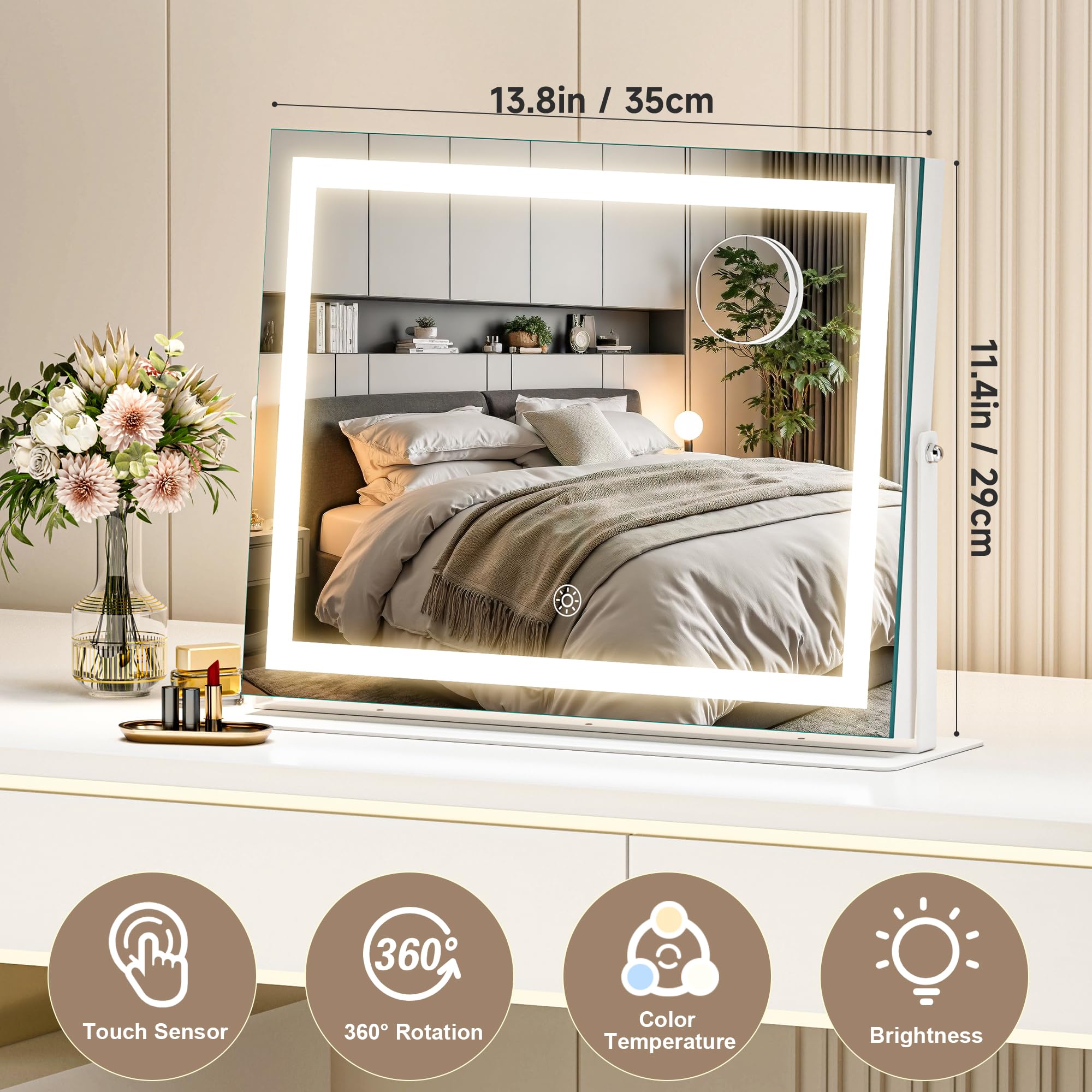 MINISO Vanity Mirror with Lights – 13.8 x 11.4 in LED Makeup Mirror, 3 Color Modes, 10x Magnification, 360° Rotation