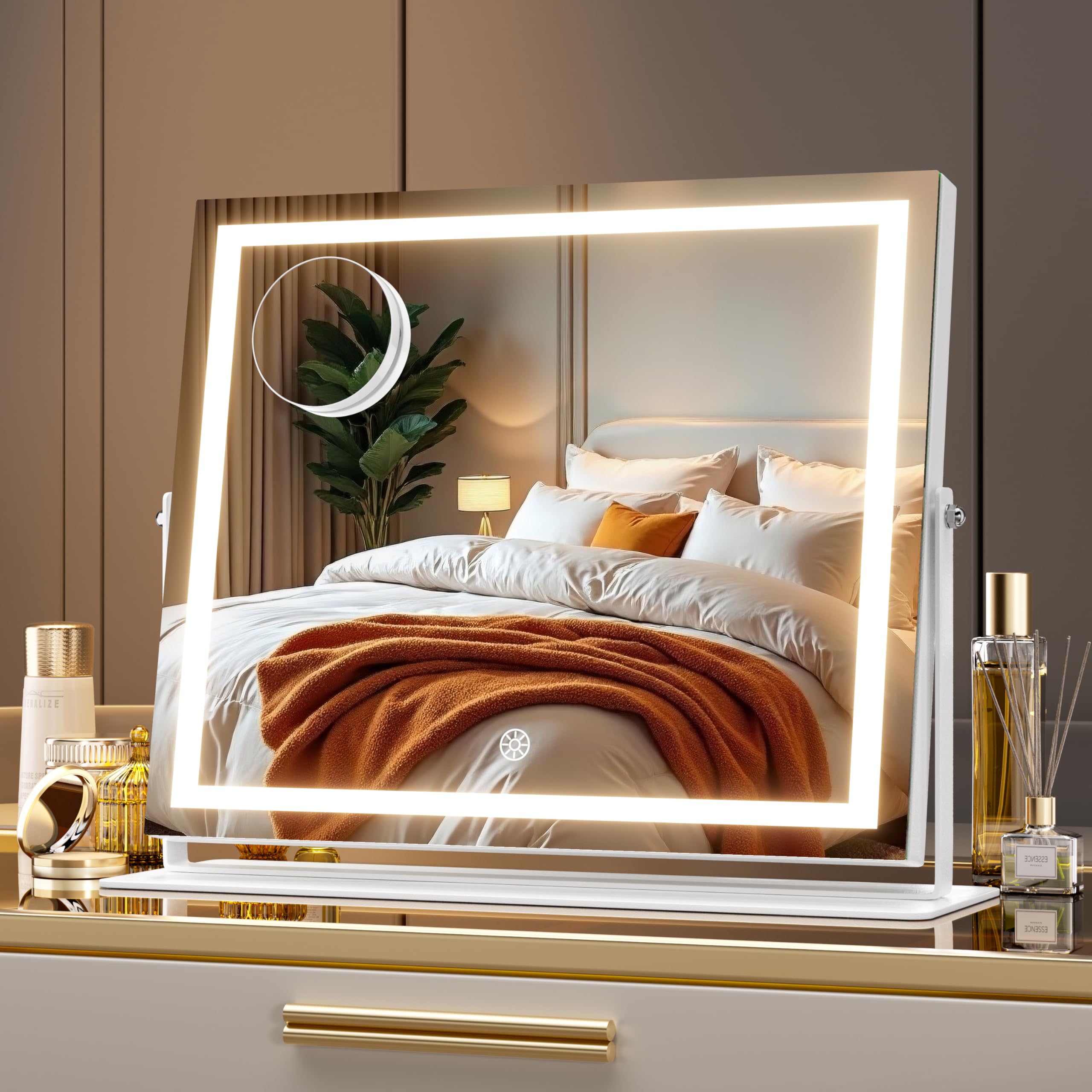 MINISO Vanity Mirror with Lights – 13.8 x 11.4 in LED Makeup Mirror, 3 Color Modes, 10x Magnification, 360° Rotation