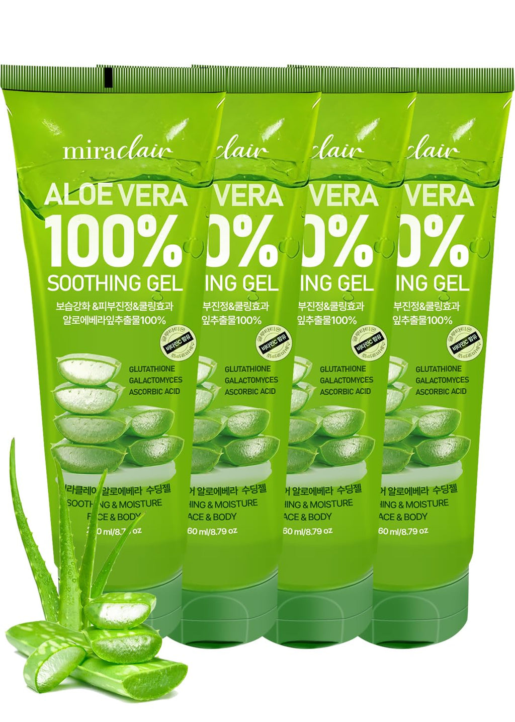 MIRACLAIR Aloe Vera Gel (4PCS) – 8.79 fl oz Travel Size, 100% Pure for Face & Body