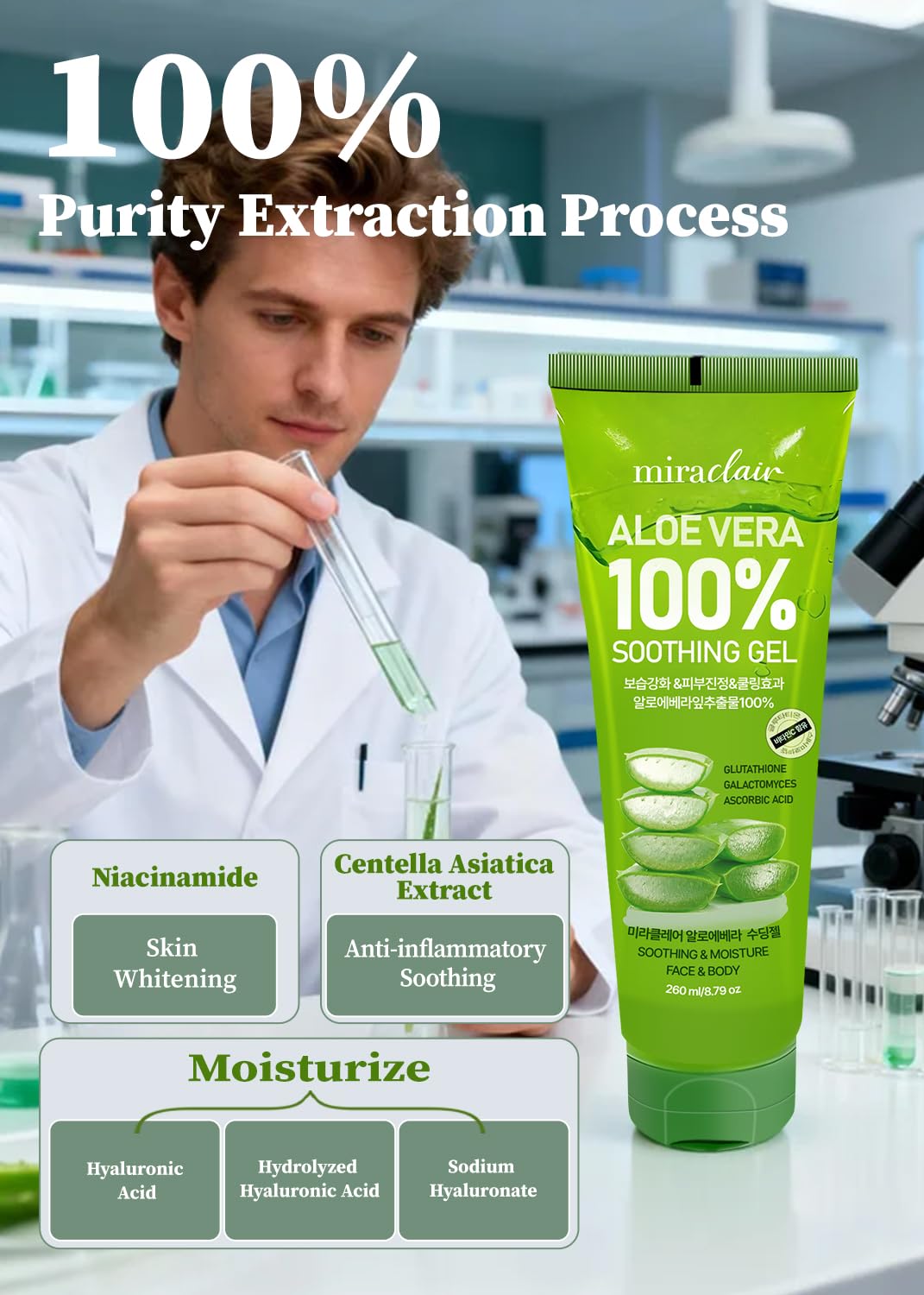 MIRACLAIR Aloe Vera Gel 100% Pure – Hydrating, Soothing for Face & Body | Made in Korea